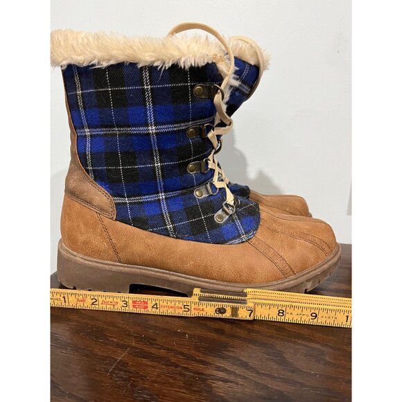 Plaid Lace-Up Winter Duck Boots w/ Faux Fur Lining Size 9 Brown & Blue - Picture 2 of 9